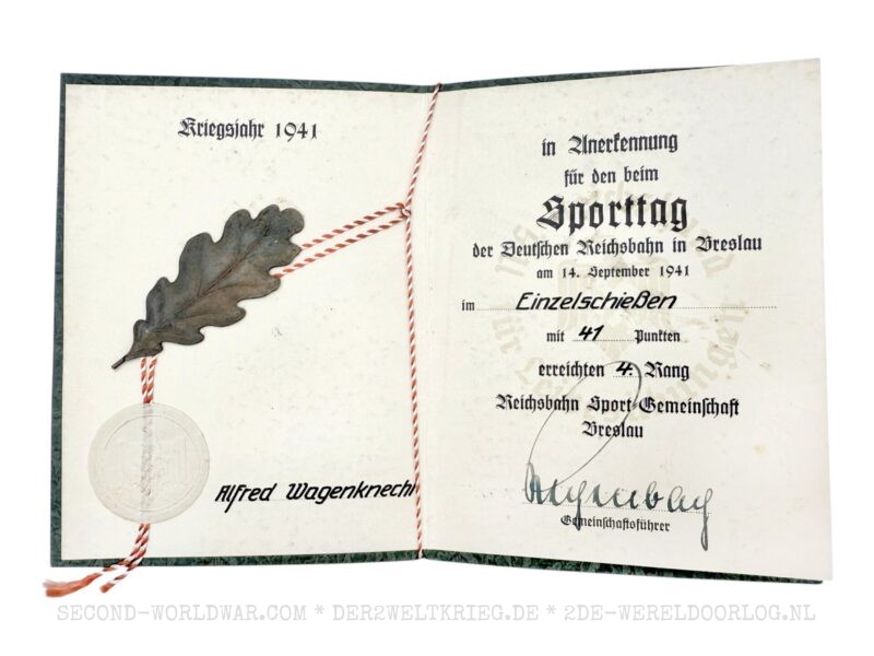 German Reichsbahn Sports Day in Breslau 1941 certificate 4th place shooting