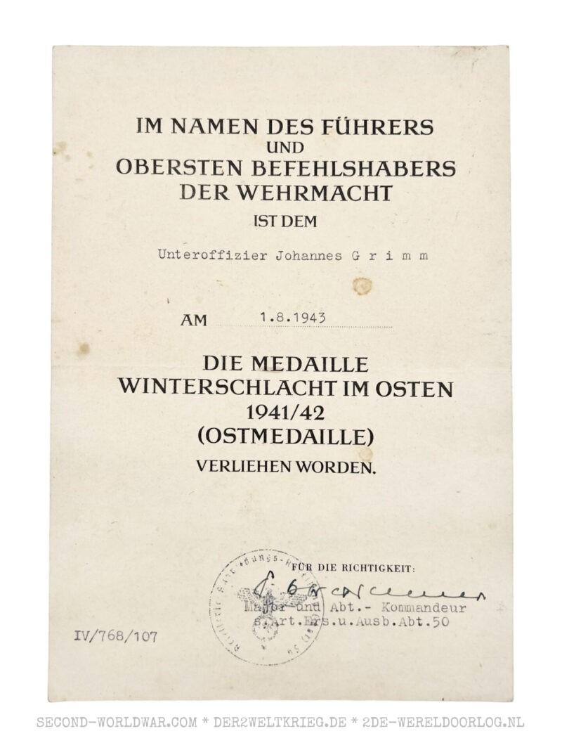German Eastern Front Medal (Winterschlacht im Osten) award document 1943