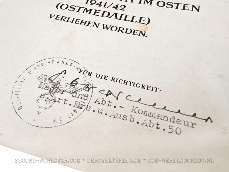 German Eastern Front Medal (Winterschlacht im Osten) award document 1943 - Image 3