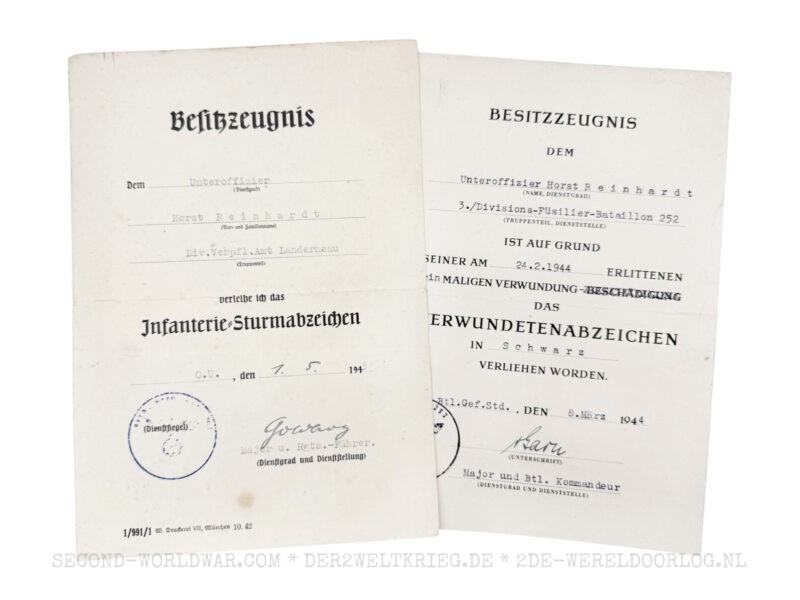 German Infantry Assault Badge award document 1943 and Wound Badge award document 1944