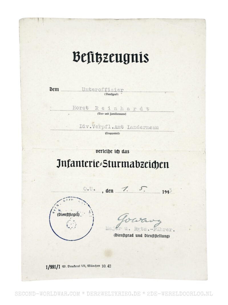 German Infantry Assault Badge award document 1943 and Wound Badge award document 1944 - Image 2