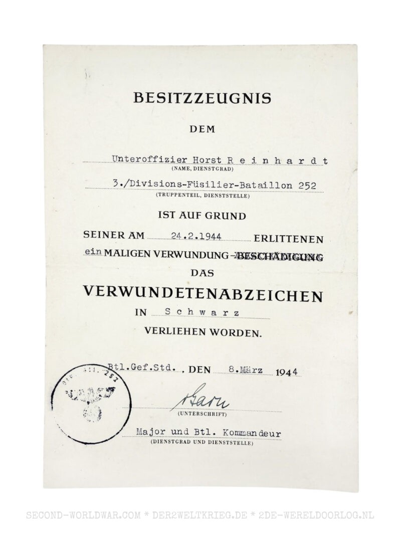 German Infantry Assault Badge award document 1943 and Wound Badge award document 1944 - Image 4