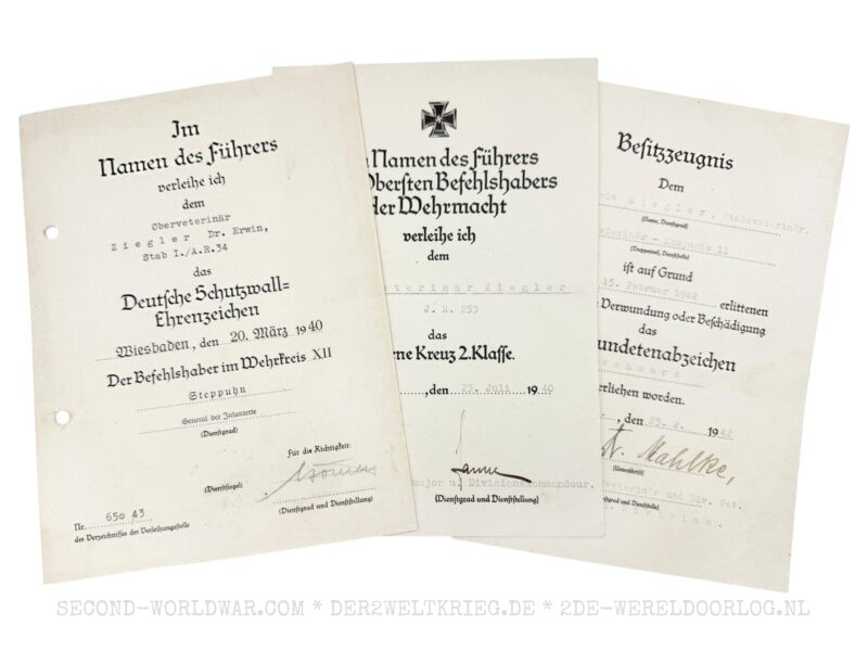German award documents veterinary Ziegler 1940-1942